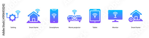 Smart Living Devices web banner illustration featuring Setting, Smart Home, Smartphone, Movie Projector, Tablet, Monitor, and Smart Home.