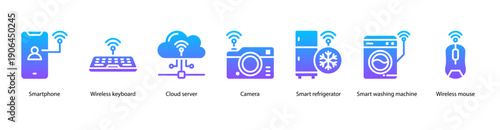 Connected Household web banner illustration featuring Smartphone, Wireless Keyboard, Cloud Server, Camera, Smart Refrigerator, Smart Washing Machine, and Wireless Mouse.