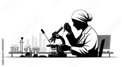 This illustration depicts a scientist or laboratory researcher working with a microscope, representing scientific research, innovation, and discovery. The image highlights laboratory environments wher