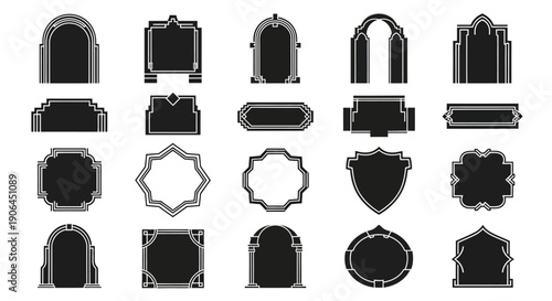 This illustration displays a collection of traditional and decorative door and window shapes, representing cultural architecture and ornamental design. These elements are commonly associated with hist