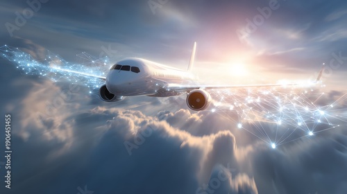 Airplane flying above clouds with glowing light trails at sunset.