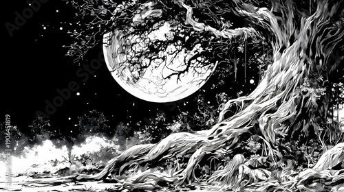 magical tree glowing black and white sketch