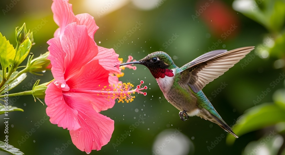 Fototapeta premium A brightly colored male ruby-throated hummingbird hovers gracefully while feeding on the nectar of a vibrant pink hibiscus flower.