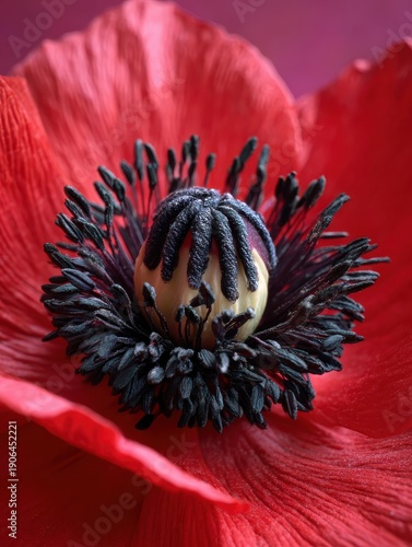 Poppy flower center, black stamens against red paper-like petals, dramatic contrast