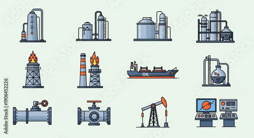 Collection of industrial oil and gas industry icons and symbols.