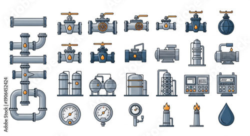 Collection of industrial plumbing and equipment icons.