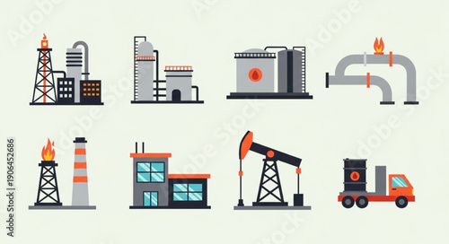 Collection of industrial oil and gas industry equipment illustrations.