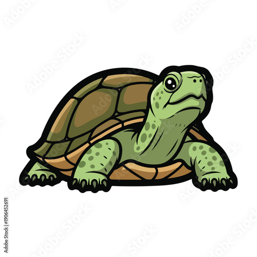 A cartoon turtle with green skin and brown shell