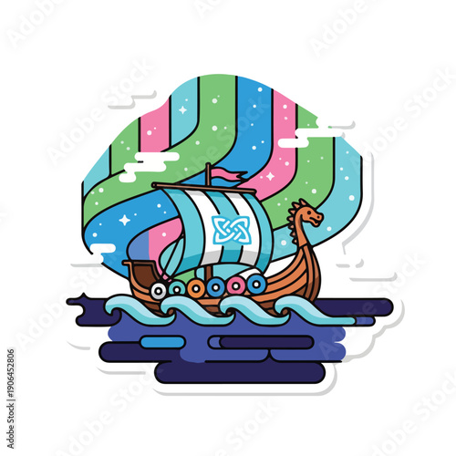 A cartoon Viking ship sailing on waves