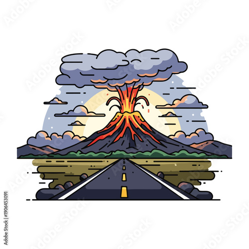 A cartoon volcanic eruption on a road