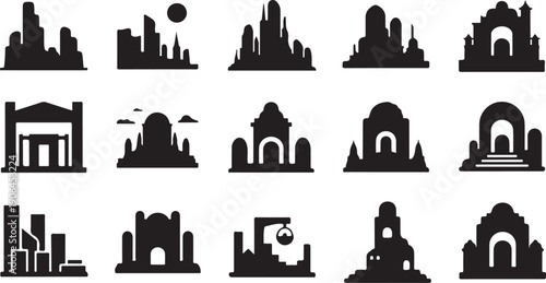 City Skyline Silhouette Icons Set Black and White Vector