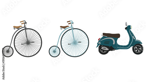 A vintage penny farthing bicycle and a modern scooter on a white background