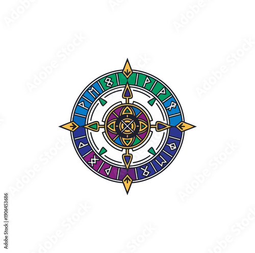 Circular geometric design with symbol and runes on black background