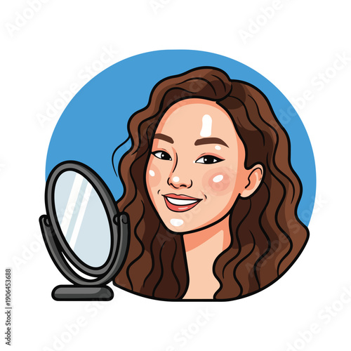 A cartoon woman with long brown hair looks at her reflection