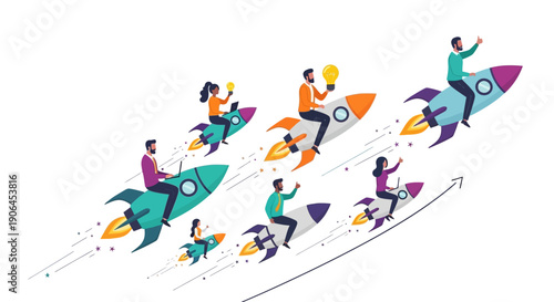 Business Growth and Innovation Concept with Team Riding Rockets Upward, Startup Success and Progress Illustration
