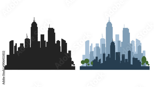 A stylized illustration of a city skyline at sunset with silhouettes