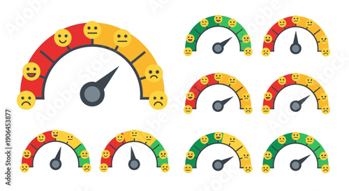 Gauge displaying a range of emotions from happiness to sadness, indicating customer satisfaction levels.