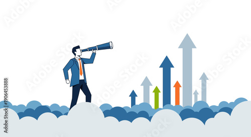 Man in suit looking through telescope at rising arrows symbolizing growth and future success.