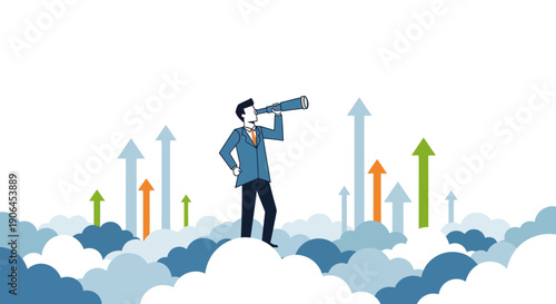 Businessman looking through telescope on cloud, surrounded by upward arrow graphs.