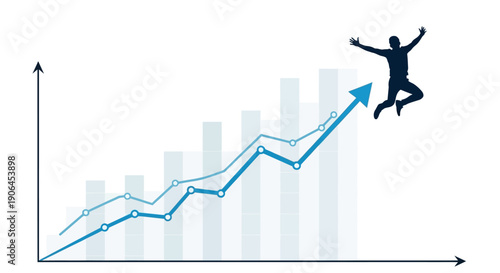 Silhouette of a joyful person leaping with arms raised above a rising business graph.