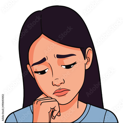 A cartoon woman with long dark hair and a blue shirt looks down