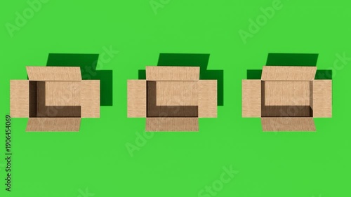 3D animation of three cardboard boxes unpacking on green background, suitable for advertising, online stores, logistics presentations, unboxing scenes, and digital marketing content, 4k video