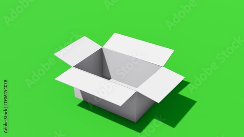 3D animation of white cardboard box unpacking on green background, perfect for e-commerce promotions, logistics and shipping concepts, product unboxing, and commercial video projects, 4k video