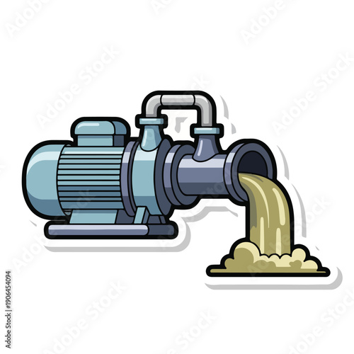 A cartoonish industrial pump discharging brown liquid