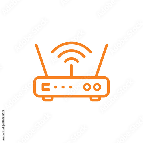 Line icon representing a wireless router with antennas emitting wifi signal on white background