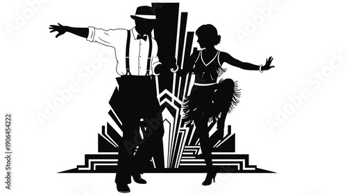 A black and white illustration of a couple dancing the Charleston in the 1920s
