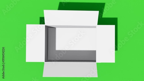 3D animation of white cardboard box unpacking on green background, perfect for e-commerce promotions, logistics and shipping concepts, product unboxing, and commercial video projects, 4k video