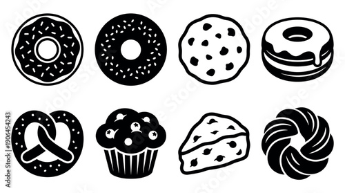 Set of eight black bakery icons representing sweet baked goods like donuts, a cookie, a pretzel, a muffin, a slice of pie, and a pastry in a simple graphic style