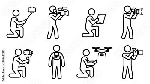 Set of black line art icons depicting photographers and videographers using various modern equipment like cameras, drones, and smartphones for content creation