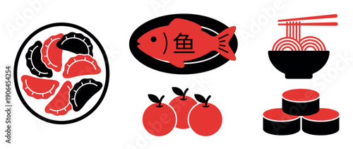 Set of traditional Asian food icons in a minimalist red and black graphic style, featuring dumplings, fish with a character, noodles, sushi, and fruit