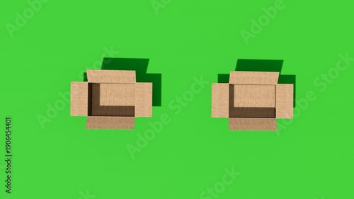 3D animation of two cardboard boxes unpacking on green background, suitable for advertising, online stores, logistics presentations, unboxing scenes, and digital marketing content, 4k video
