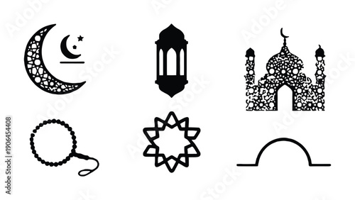 A collection of Islamic symbols and icons on a white background