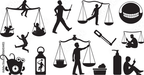 Balance and harmony in life, scales and people silhouettes