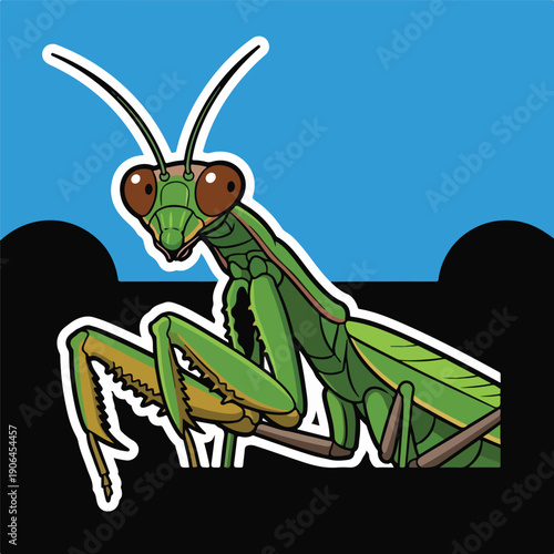 A cartoon-style green praying mantis with large eyes