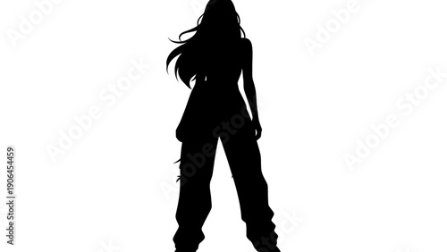 A cartoon illustration of a woman in ripped jeans and a halter top standing next to her silhouette