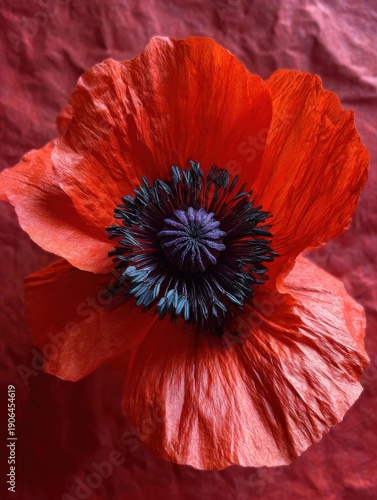 Poppy flower center, black stamens against red paper-like petals, dramatic contrast