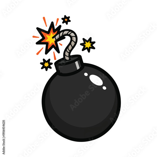 A cartoonish black bomb with an ignited fuse