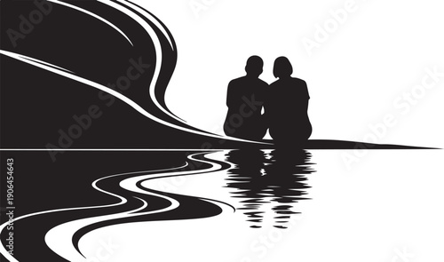 Silhouette of a loving couple sitting by water edge