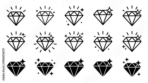 Collection of black diamond icons in outline and solid styles showing sparkling gems with stars and shine marks, representing luxury, quality, and value in graphic design