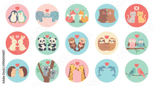 Charming collection of cute animal couples celebrating love, featuring penguins, foxes, bears, and sloths in a flat cartoon vector style for a romantic Valentine's Day theme