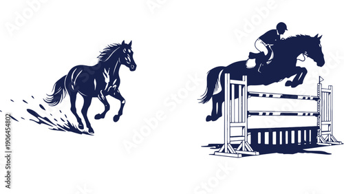 A dark blue illustration of a horse and rider jumping over an obstacle