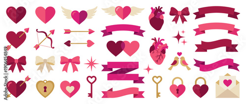 Large set of Valentine's Day vector icons featuring hearts, ribbons, arrows, bows, and anatomical hearts in a romantic flat design style for holiday celebration