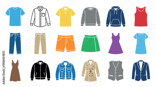 Large collection of colorful clothing icons featuring various men's and women's apparel like shirts, pants, jackets, and dresses in a flat design vector illustration style