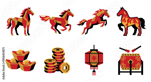Set of Chinese New Year icons featuring stylized horses, a lantern, drum, gold ingots, and coins in a bold red, gold, and black graphic style for festive celebrations