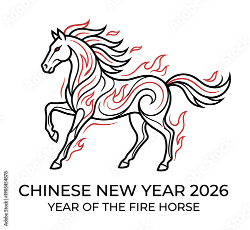 Stylized black and red fire horse illustration for the 2026 lunar new year, a powerful and energetic stallion representing the traditional Asian zodiac animal symbol