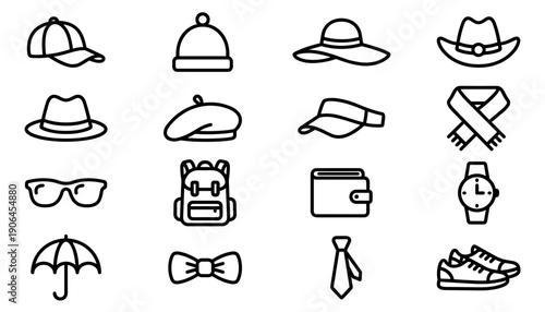 Set of black fashion accessory line icons including hats, glasses, a watch, and a backpack in a simple minimalist outline style for graphic design and web elements